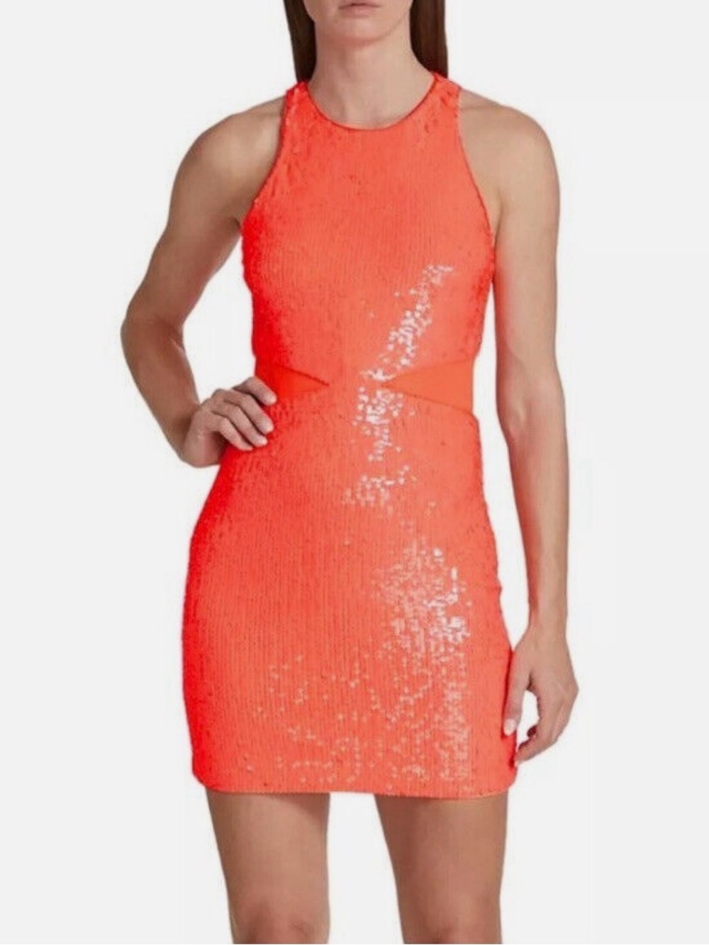 Alice + Olivia Bright Coral Cara Sequined Mesh Mini Dress Size 2